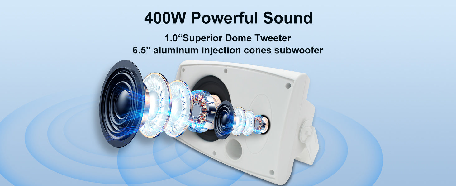 Herdio 400W 6.5‘’ Passive Outdoor Speakers Wired Waterproof 2 Way Wall Mounted Speakers With Powerful Bass For Patio Home 2PCS