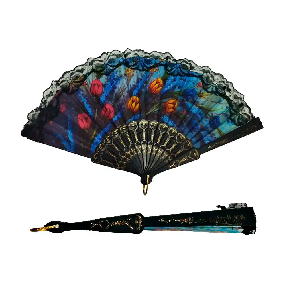 [GDL] 1pc Plastic Fan with Fabric Lace and Gold Details Variety of Colors and Designs Wearable & Portable Fan-A8