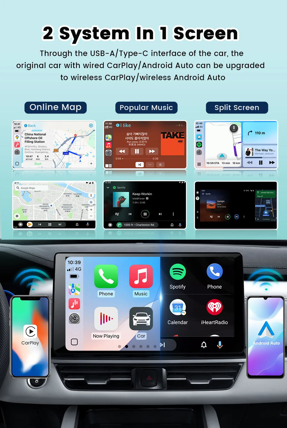 CarlinKit 5.0 Mini Ultra CarPlay Wireless Adapter 2 In 1 Wifi 5.8G Android Auto Wireless Dongle for Spotify Music OEM Car