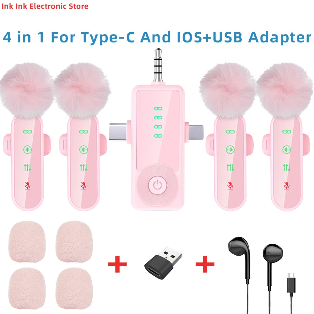 Pink 1 in 4 Lavalier Microphone Noise Cancelling Wireless With Wind Muff Lapel Mic For iPhone Android Camera 4 Pack LED Display