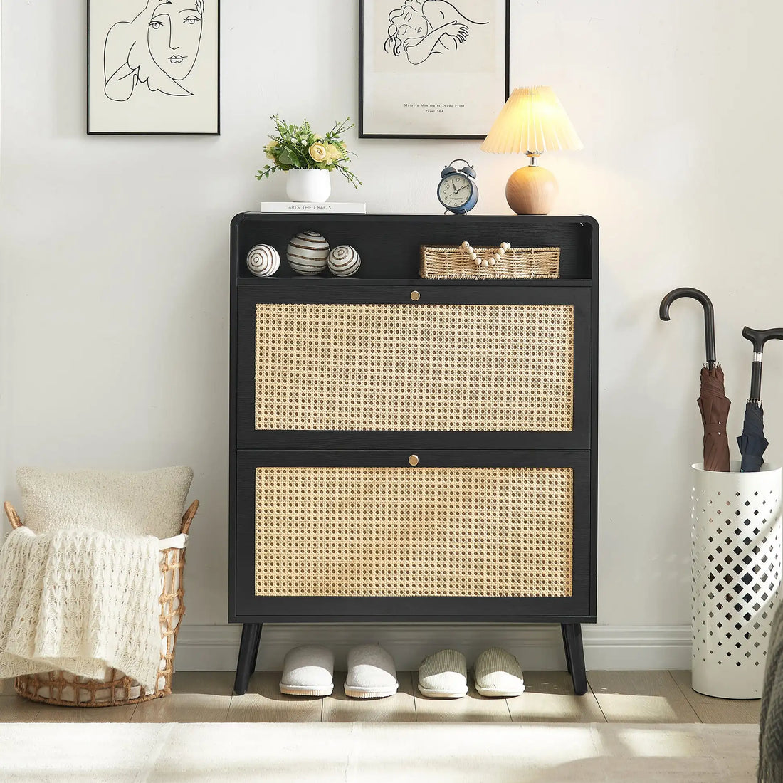 Modern Solid Wood Free Standing Shoe Storage Cabinet 2 Flip Drawers Extendable Entryway Bench For Home Furniture For Living Room