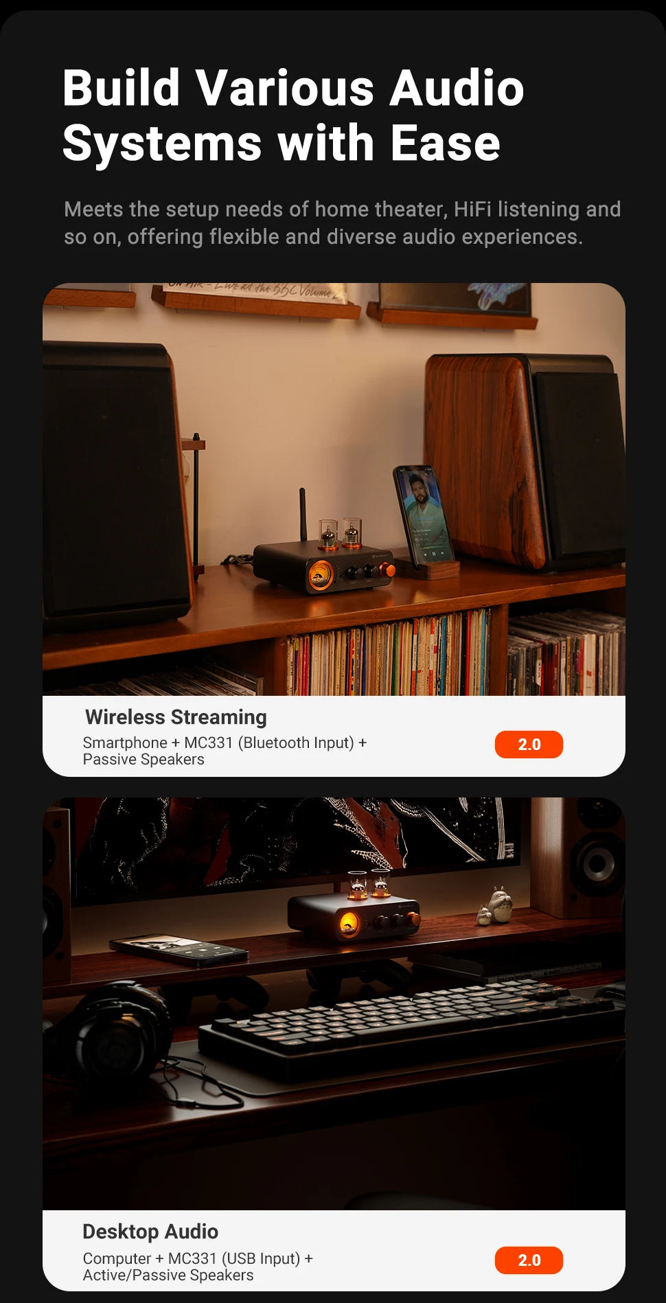 Fosi Audio MC331 2.0 Channel Bluetooth Stereo Integrated Tube Amplifier, Mini All-in-One DAC Audio Power Amp for Passive Speaker