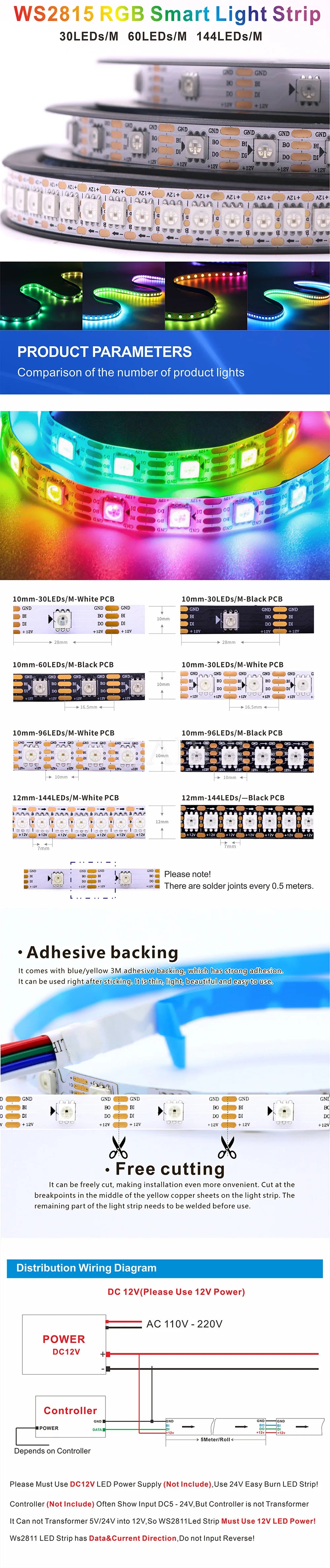 WS2811 WS2812B WS2815 WS2813 RGB IC LED Strip Lights 30/60/144 pixels per meter individually addressable smart lights DC5V/12V
