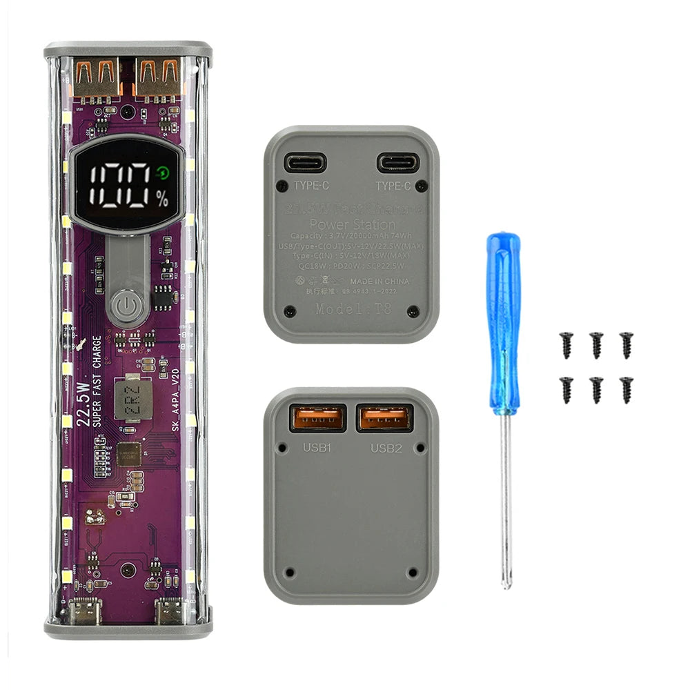 8*18650 Power Bank Battery Case 22.5W PD 45W Fast Charging Battery Storage Box Welding Free USB+Type-C Port