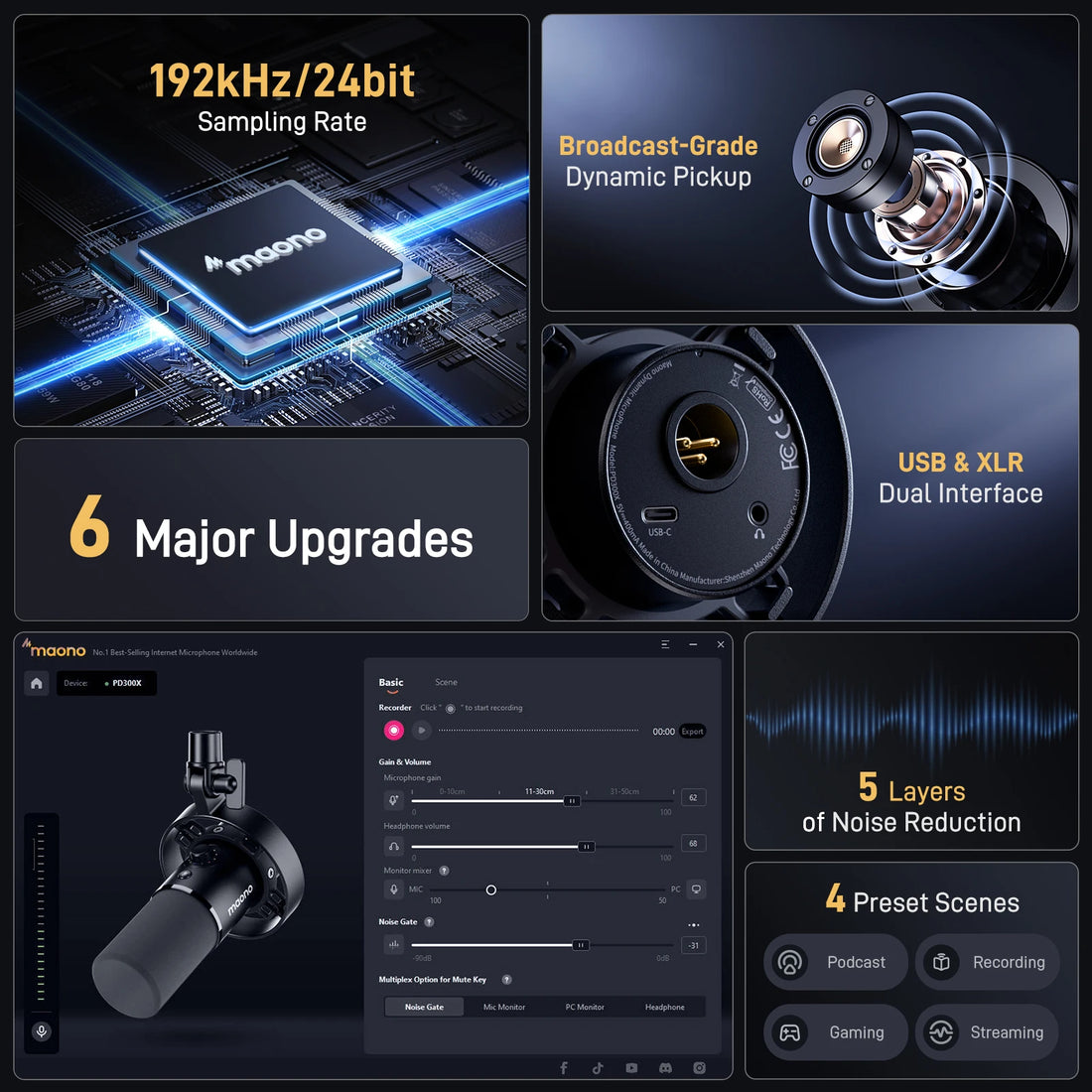 Maono PD300X Dynamic Microphone XLR USB Podcast Recording Mic 192kHz24bit for Content Creation Home Audio Studio Noise Reduction