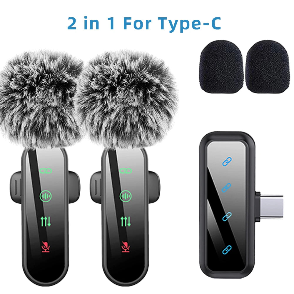 Pink 1 in 4 Lavalier Microphone Noise Cancelling Wireless With Wind Muff Lapel Mic For iPhone Android Camera 4 Pack LED Display