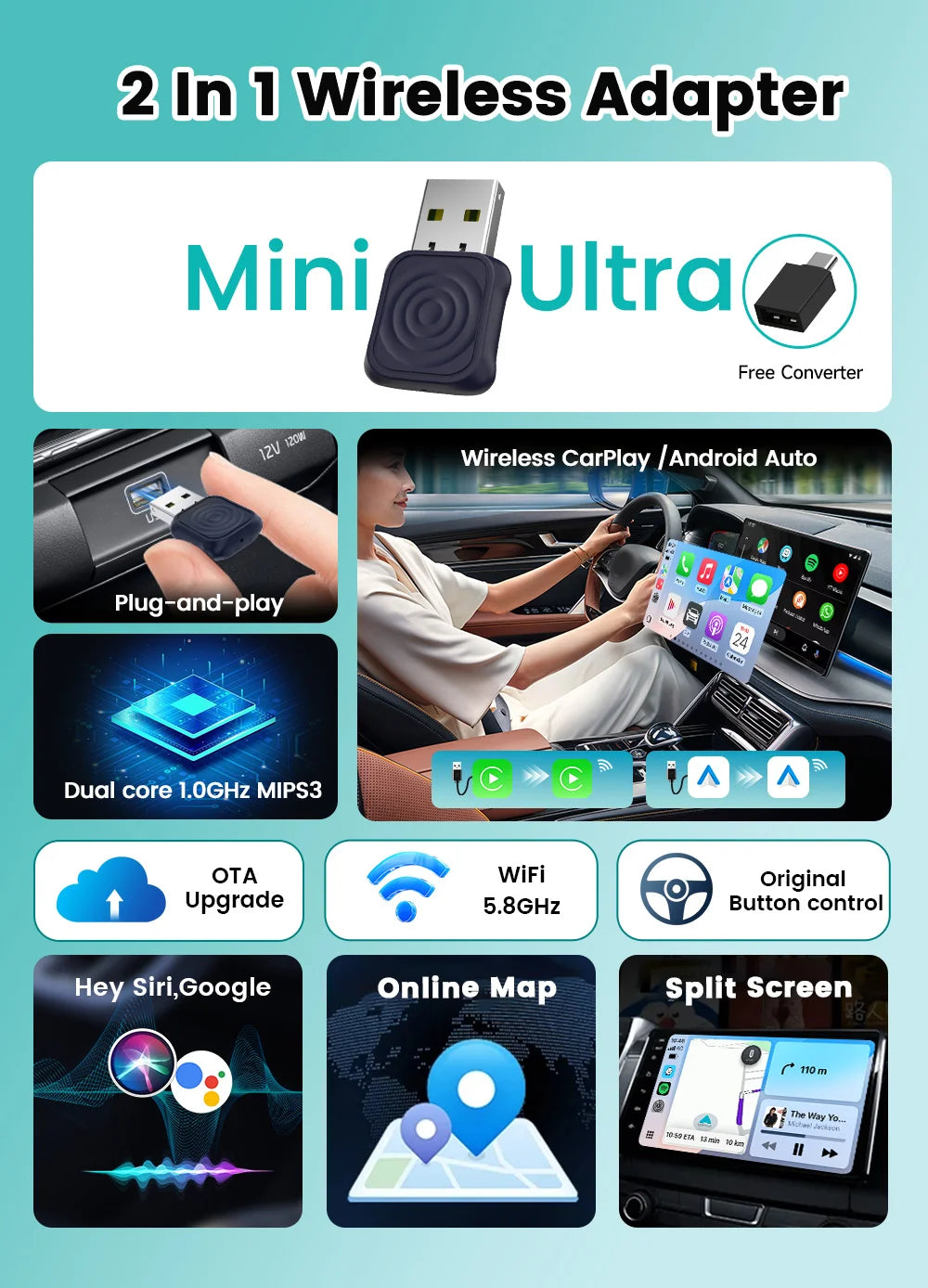 CarlinKit 5.0 Mini Ultra CarPlay Wireless Adapter 2 In 1 Wifi 5.8G Android Auto Wireless Dongle for Spotify Music OEM Car
