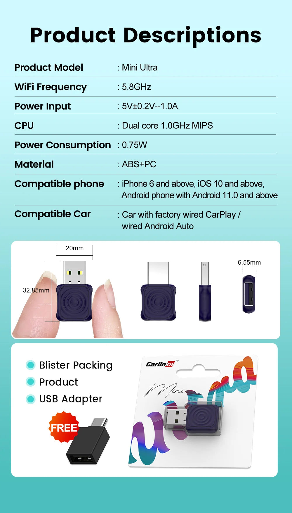 CarlinKit 5.0 Mini Ultra CarPlay Wireless Adapter 2 In 1 Wifi 5.8G Android Auto Wireless Dongle for Spotify Music OEM Car