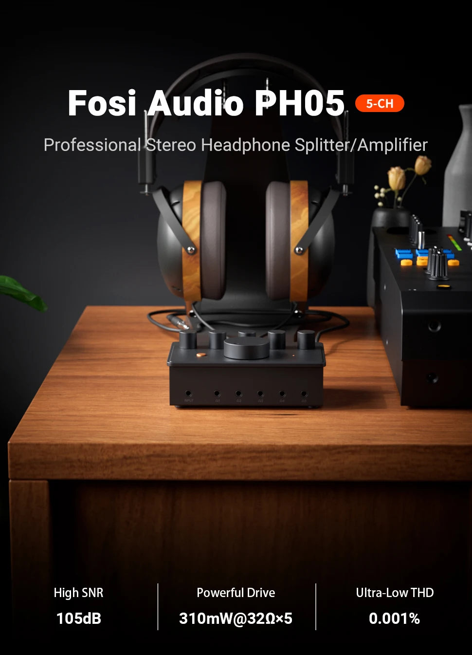 Fosi Audio PH05 5 Channel Headphone Amplifier, Mini Desktop Amp with Audio Interface Podcast Monitor Supports 16-300 Ω with 12V