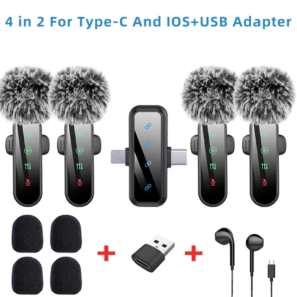 Pink 1 in 4 Lavalier Microphone Noise Cancelling Wireless With Wind Muff Lapel Mic For iPhone Android Camera 4 Pack LED Display