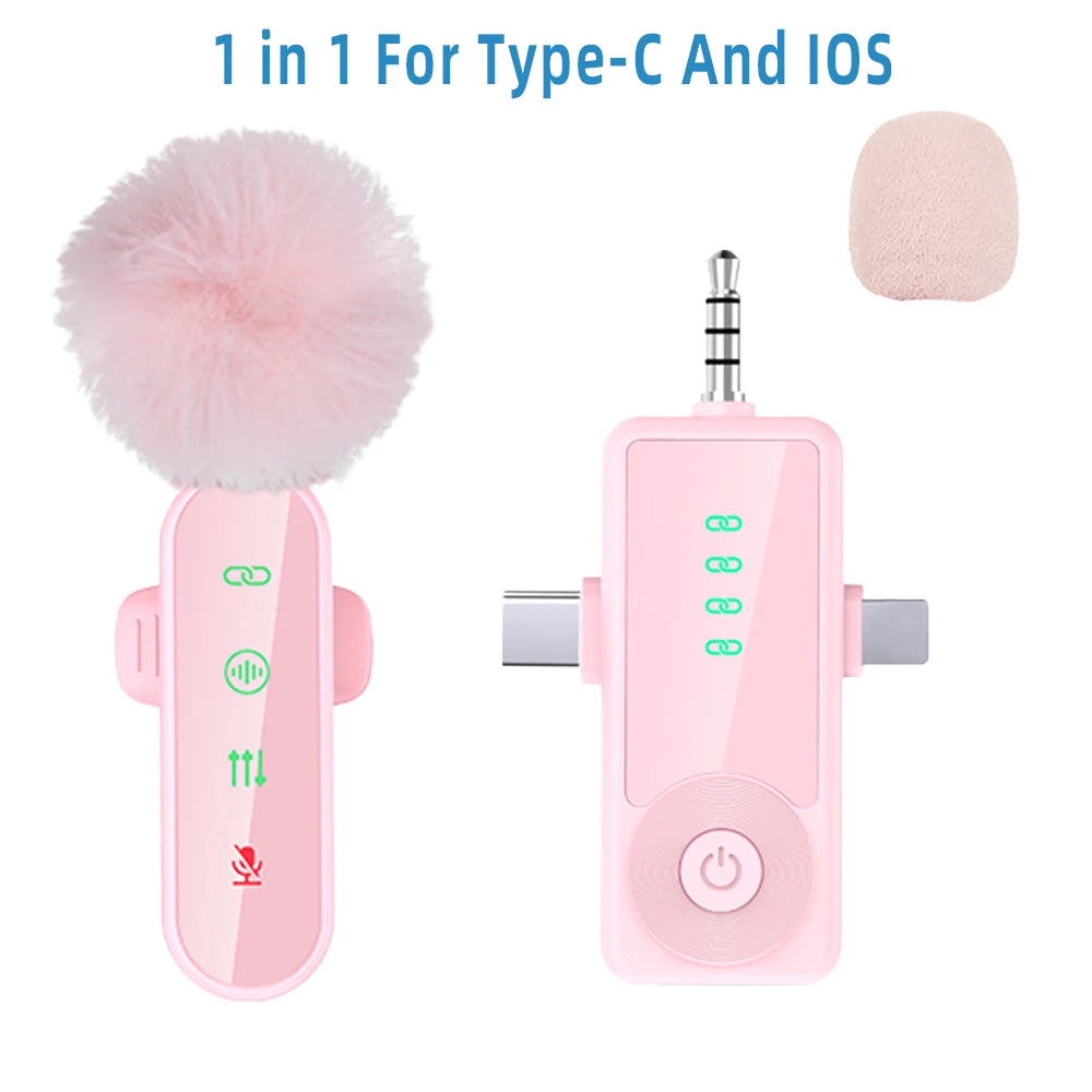 Pink 1 in 4 Lavalier Microphone Noise Cancelling Wireless With Wind Muff Lapel Mic For iPhone Android Camera 4 Pack LED Display