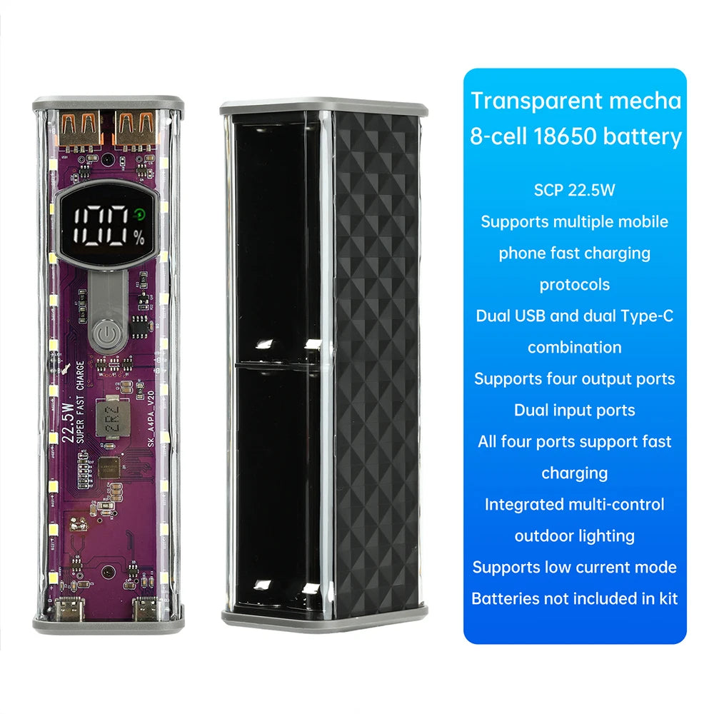 8*18650 Power Bank Battery Case 22.5W PD 45W Fast Charging Battery Storage Box Welding Free USB+Type-C Port