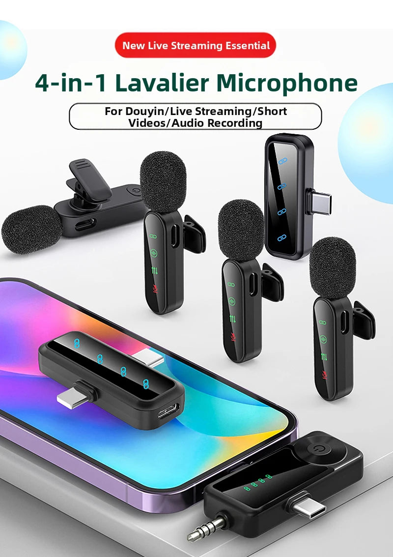 Pink 1 in 4 Lavalier Microphone Noise Cancelling Wireless With Wind Muff Lapel Mic For iPhone Android Camera 4 Pack LED Display