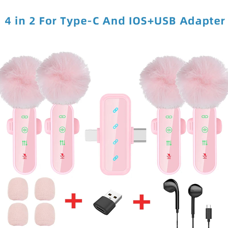 Pink 1 in 4 Lavalier Microphone Noise Cancelling Wireless With Wind Muff Lapel Mic For iPhone Android Camera 4 Pack LED Display