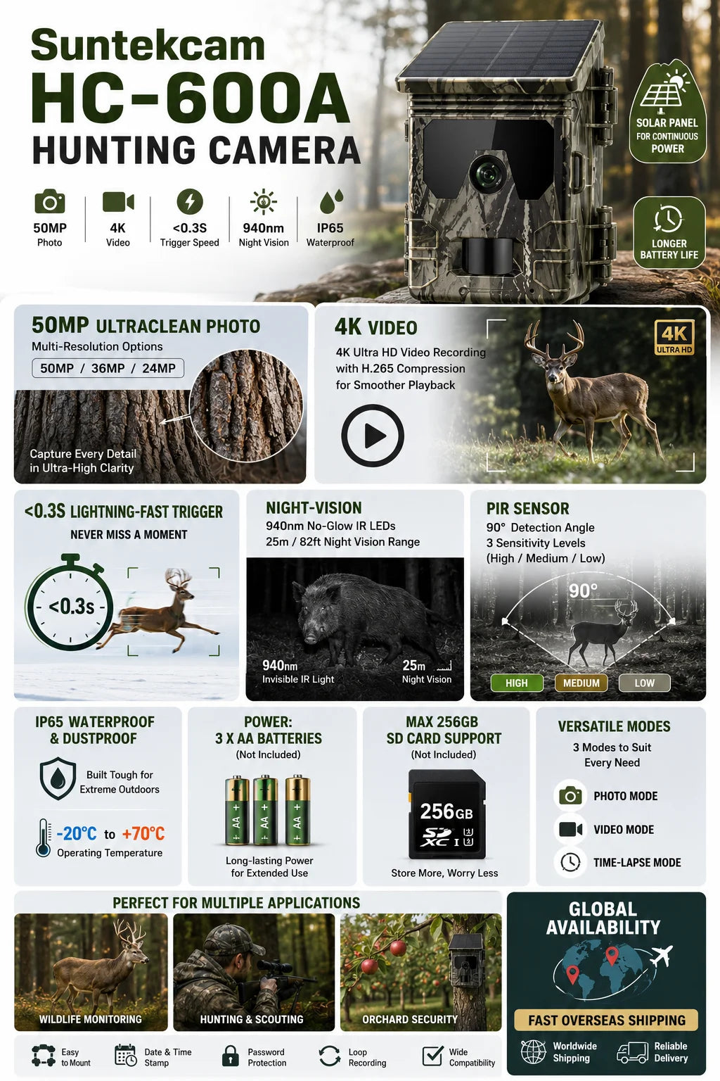50MP 4K Solar Panel Hunting Camera Infrared Night Vision Monitoring Wildlife Trap Trail Camera Video Photo Recorder Cam