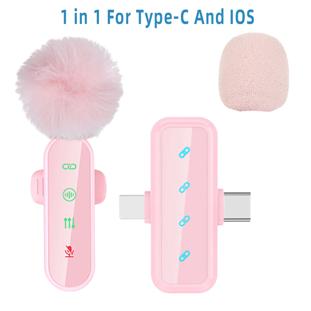 Pink 1 in 4 Lavalier Microphone Noise Cancelling Wireless With Wind Muff Lapel Mic For iPhone Android Camera 4 Pack LED Display