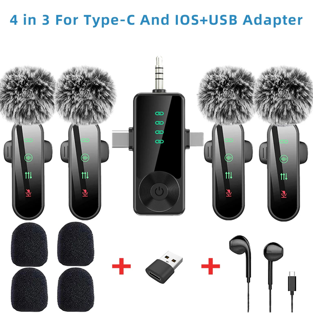 Pink 1 in 4 Lavalier Microphone Noise Cancelling Wireless With Wind Muff Lapel Mic For iPhone Android Camera 4 Pack LED Display