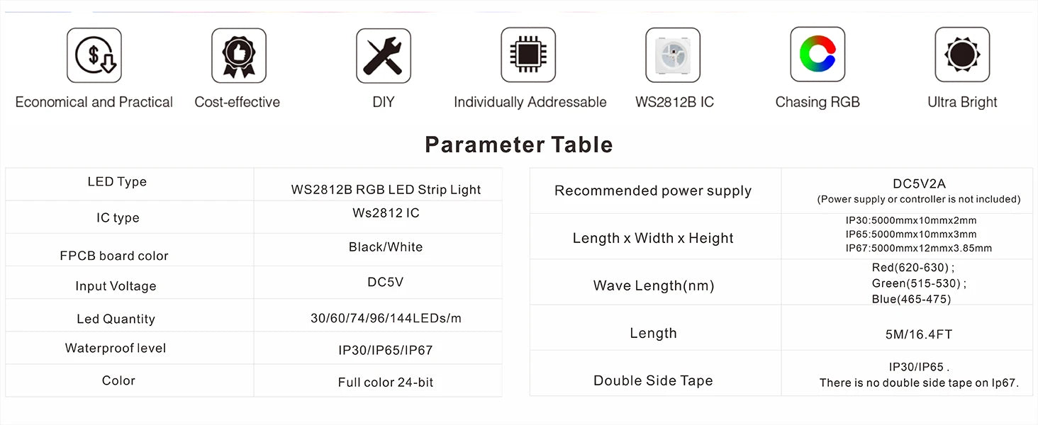 WS2812B WS2811 WS2815 WS2813 RGBIC LED Strip Lights 30/60/144 pixels per meter individually addressable smart  lights DC5V/12V