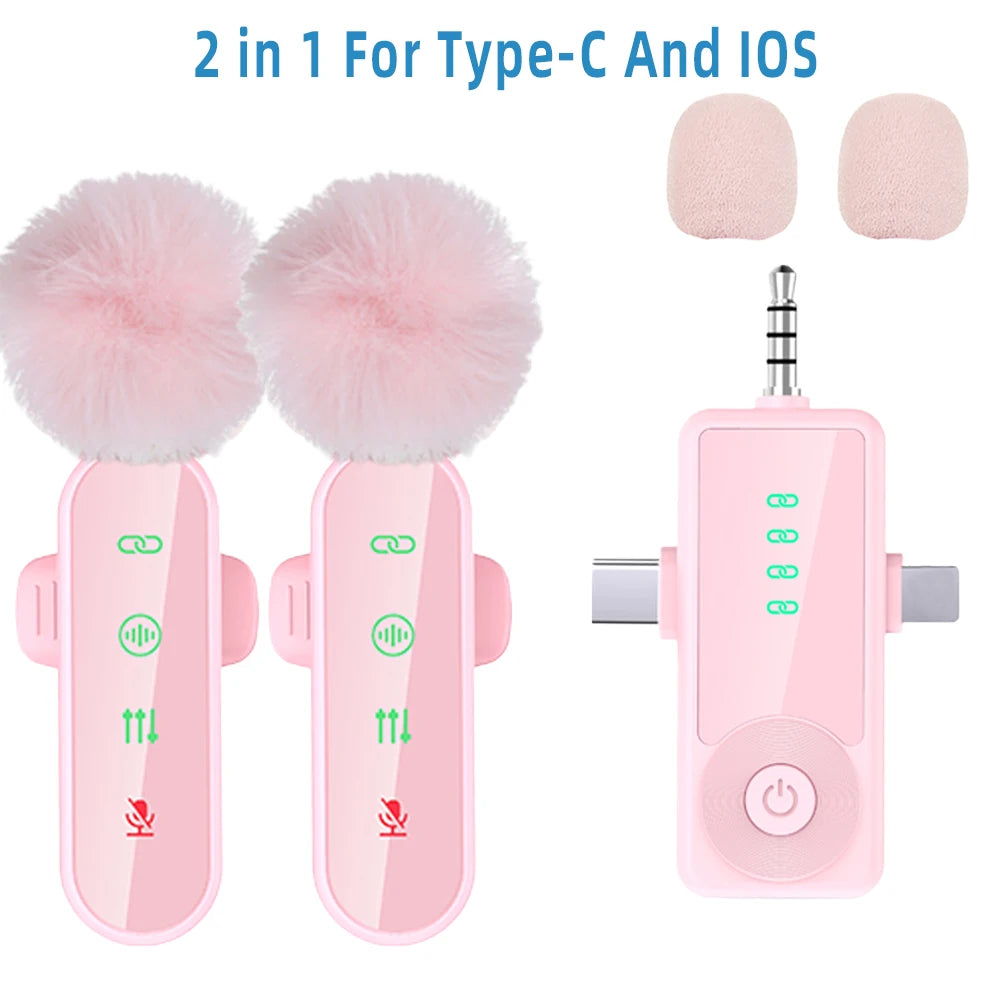 Pink 1 in 4 Lavalier Microphone Noise Cancelling Wireless With Wind Muff Lapel Mic For iPhone Android Camera 4 Pack LED Display