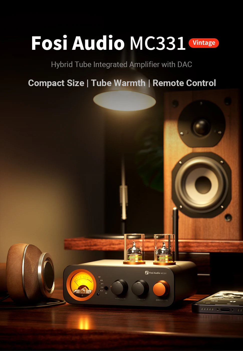 Fosi Audio MC331 2.0 Channel Bluetooth Stereo Integrated Tube Amplifier, Mini All-in-One DAC Audio Power Amp for Passive Speaker