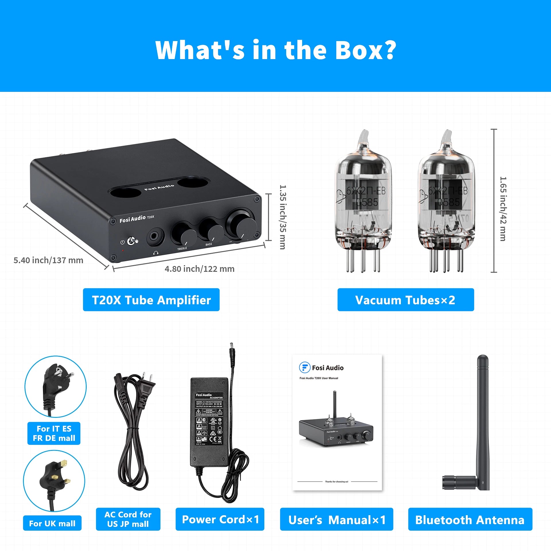 Fosi Audio T20X MKII 300W Bluetooth Vacuum Tube Amplifier Stereo Power Amp TPA3255 Headphone Amplifier For Home Theater Speakers