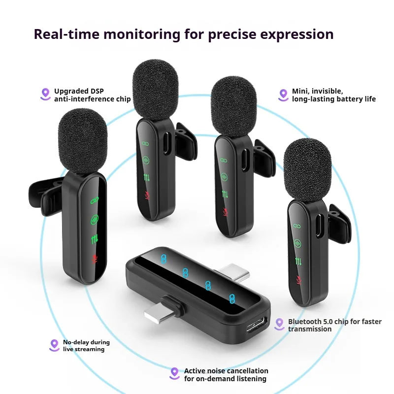 Pink 1 in 4 Lavalier Microphone Noise Cancelling Wireless With Wind Muff Lapel Mic For iPhone Android Camera 4 Pack LED Display