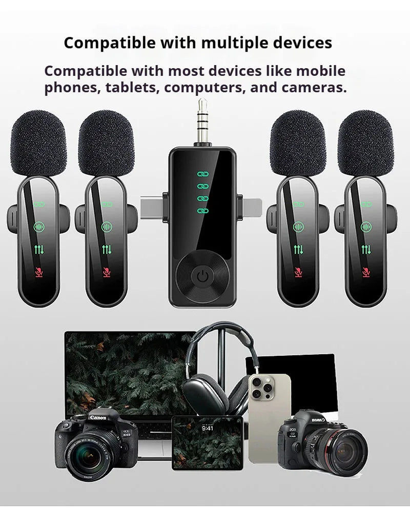 Pink 1 in 4 Lavalier Microphone Noise Cancelling Wireless With Wind Muff Lapel Mic For iPhone Android Camera 4 Pack LED Display