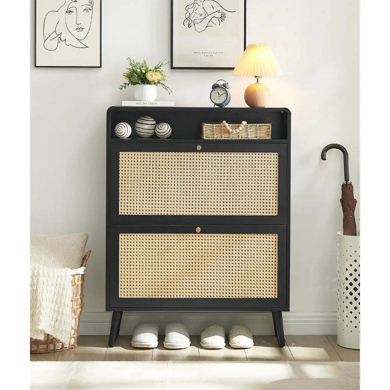 Modern Solid Wood Free Standing Shoe Storage Cabinet 2 Flip Drawers Extendable Entryway Bench For Home Furniture For Living Room