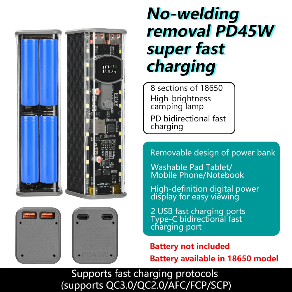 8*18650 Power Bank Battery Case 22.5W PD 45W Fast Charging Battery Storage Box Welding Free USB+Type-C Port