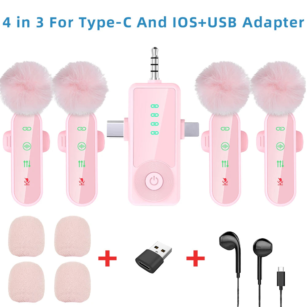 Pink 1 in 4 Lavalier Microphone Noise Cancelling Wireless With Wind Muff Lapel Mic For iPhone Android Camera 4 Pack LED Display