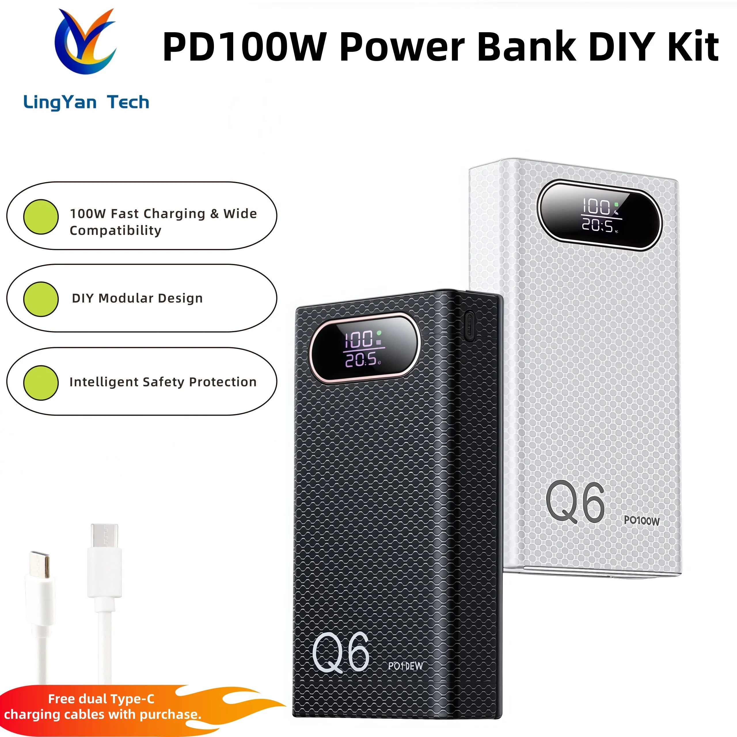 PD100W Fast Charging Power Bank DIY Kit 20V 5A 6x 21700 Battery Pack Portable Customizable No Soldering Easy Assemble