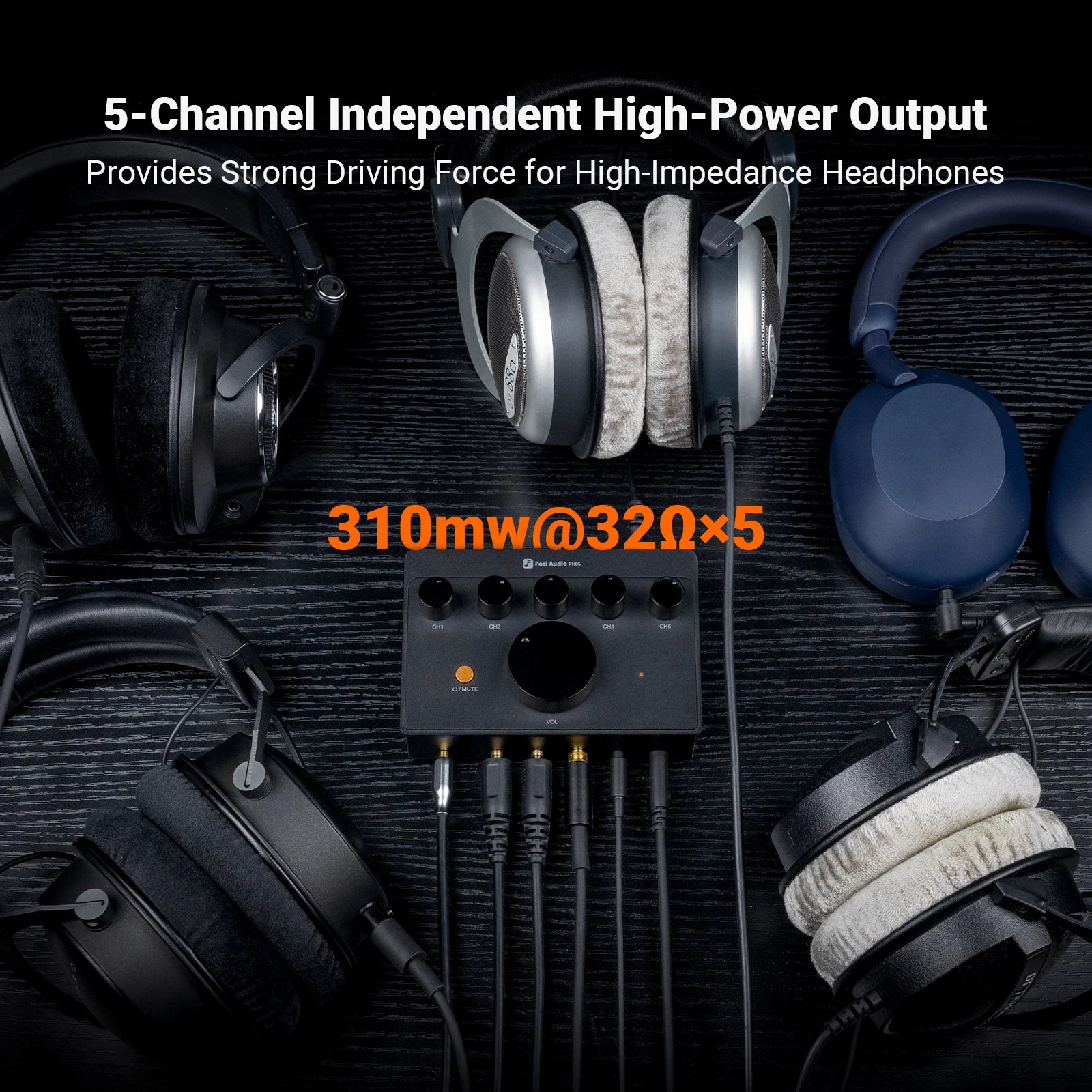 Fosi Audio PH05 5 Channel Headphone Amplifier, Mini Desktop Amp with Audio Interface Podcast Monitor Supports 16-300 Ω with 12V