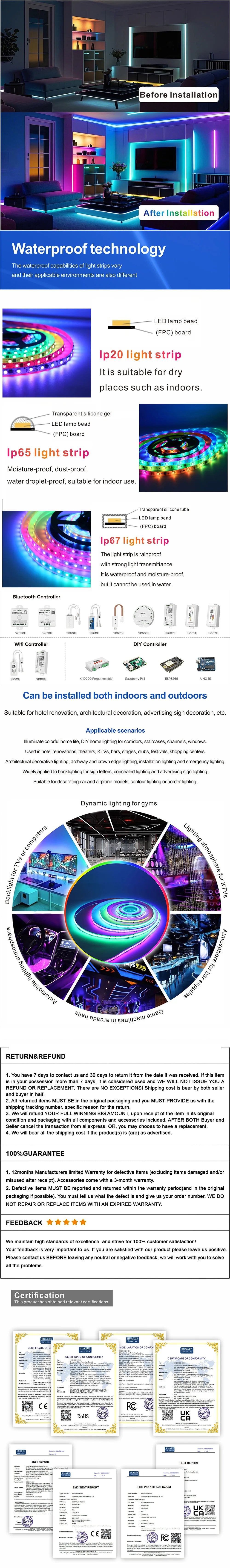 WS2811 WS2812B WS2815 WS2813 RGB IC LED Strip Lights 30/60/144 pixels per meter individually addressable smart lights DC5V/12V
