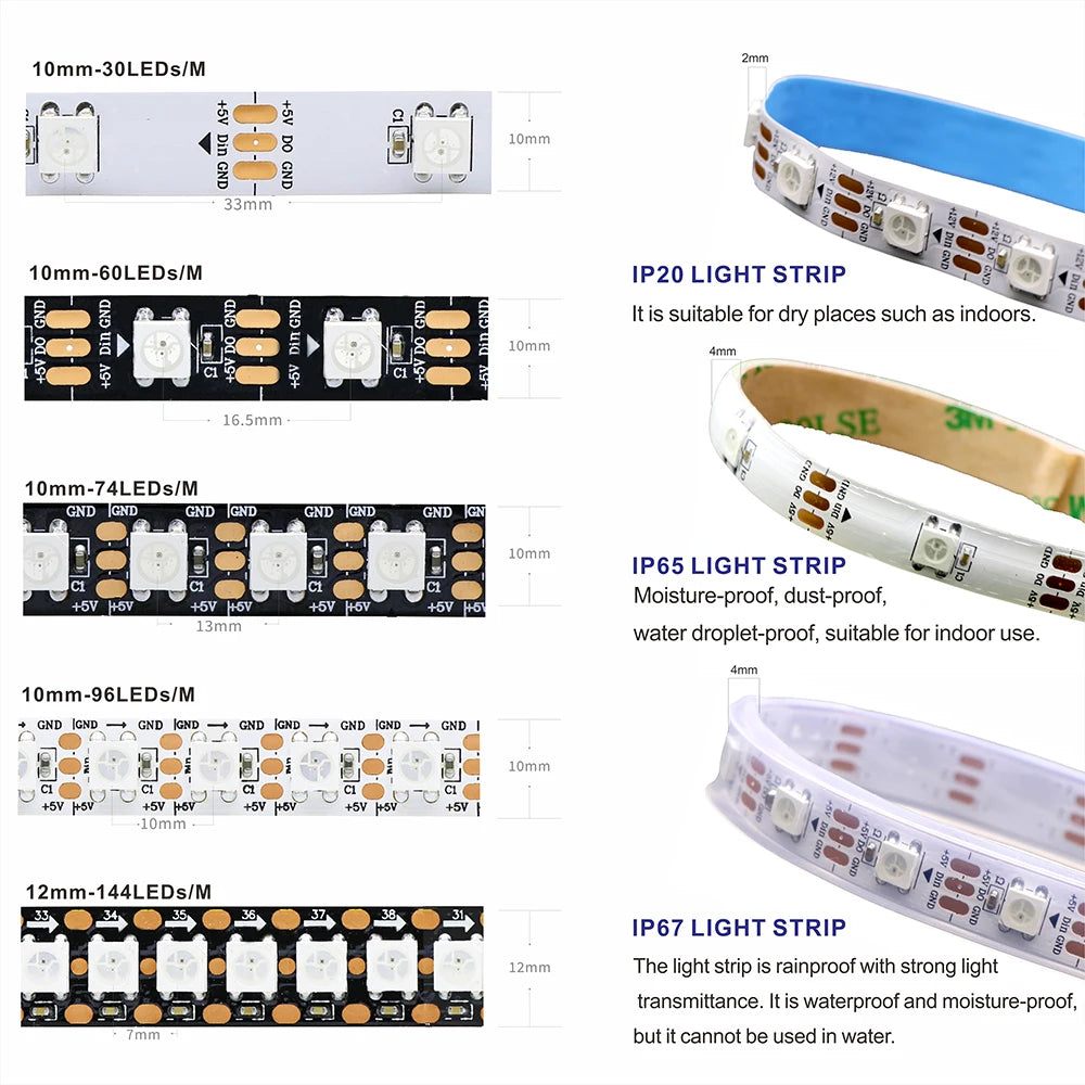 WS2811 WS2812B WS2815 WS2813 RGB IC LED Strip Lights 30/60/144 pixels per meter individually addressable smart lights DC5V/12V