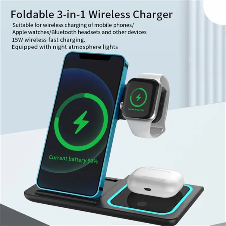 Factory Hot Selling 15W 3-in-1 Wireless Charger for QI Fast Smart Magnetic Charging Stand Holder for iPhone Watch & Earphones