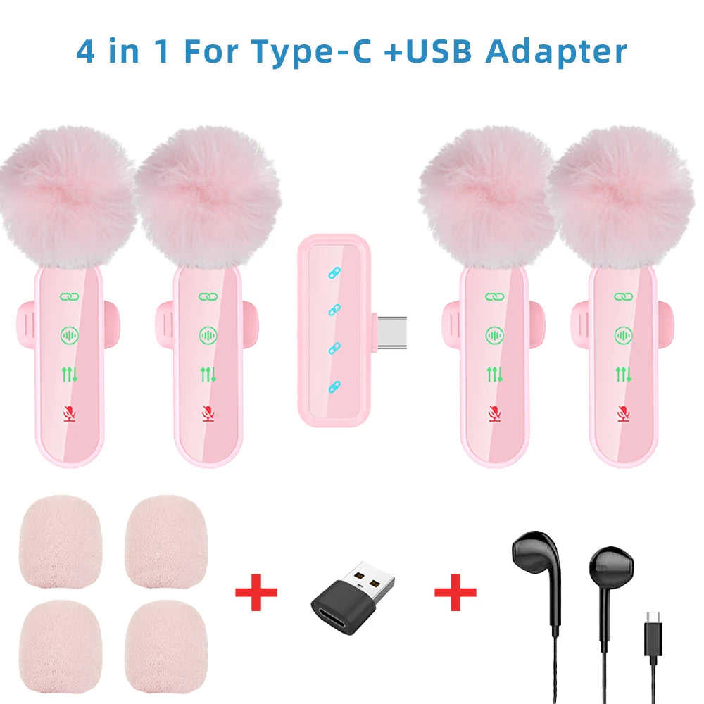 Pink 1 in 4 Lavalier Microphone Noise Cancelling Wireless With Wind Muff Lapel Mic For iPhone Android Camera 4 Pack LED Display