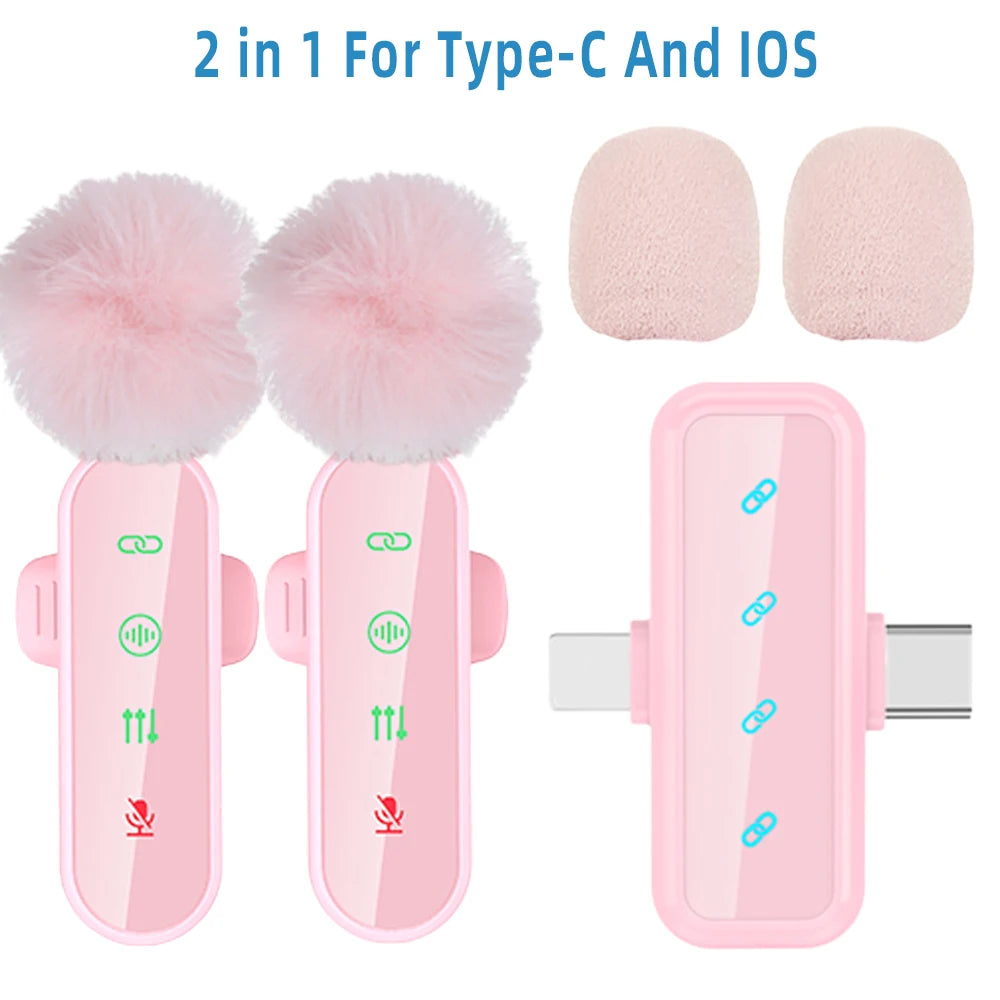 Pink 1 in 4 Lavalier Microphone Noise Cancelling Wireless With Wind Muff Lapel Mic For iPhone Android Camera 4 Pack LED Display