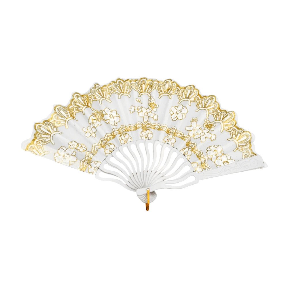 [GDL] 1pc Gold Flower Print 23cm Plastic Fan with Wavy Handle White/E5234 for Portable & Wearable Use