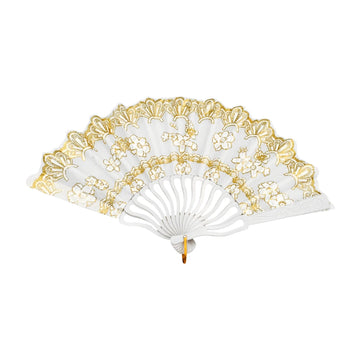[GDL] 1pc Gold Flower Print 23cm Plastic Fan with Wavy Handle White/E5234 for Portable & Wearable Use