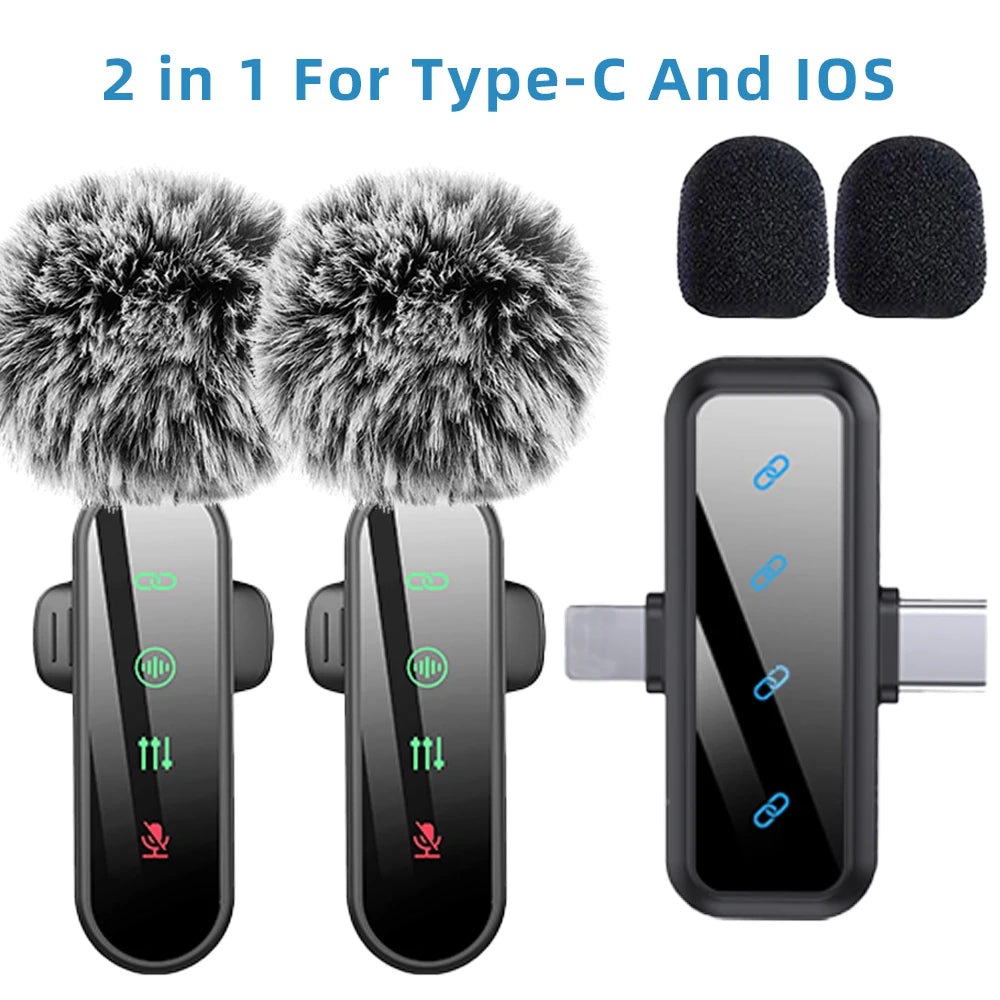 Pink 1 in 4 Lavalier Microphone Noise Cancelling Wireless With Wind Muff Lapel Mic For iPhone Android Camera 4 Pack LED Display