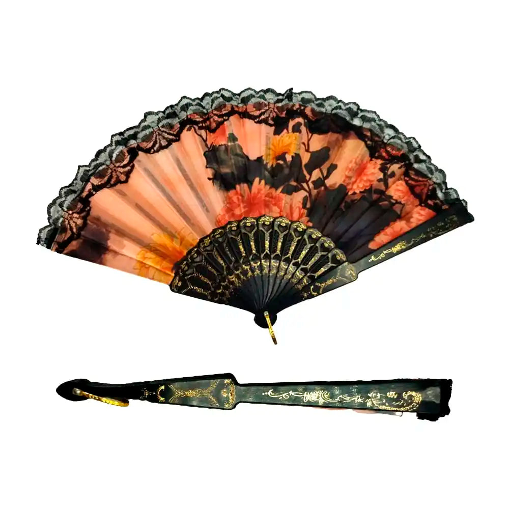[GDL] 1pc Plastic Fan with Fabric Lace and Gold Details Variety of Colors and Designs Wearable & Portable Fan-A8