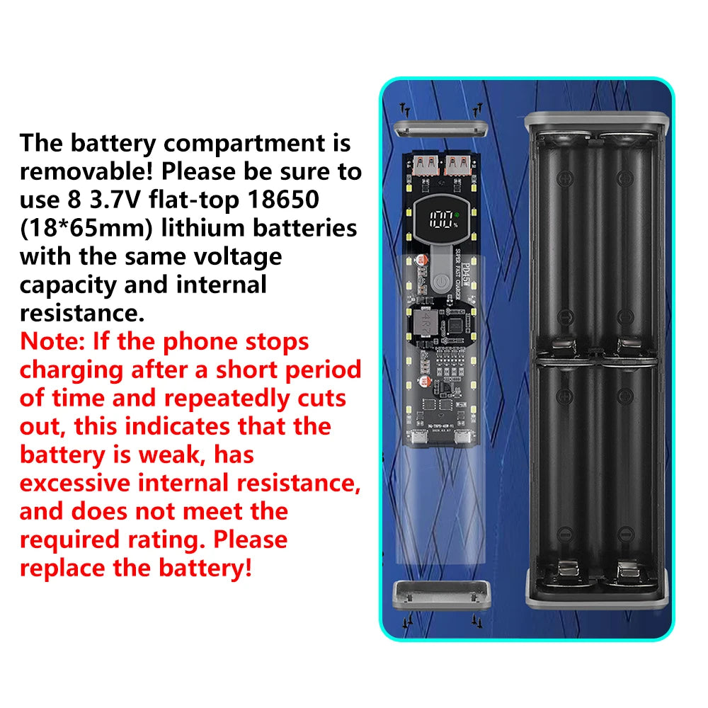 8*18650 Power Bank Battery Case 22.5W PD 45W Fast Charging Battery Storage Box Welding Free USB+Type-C Port