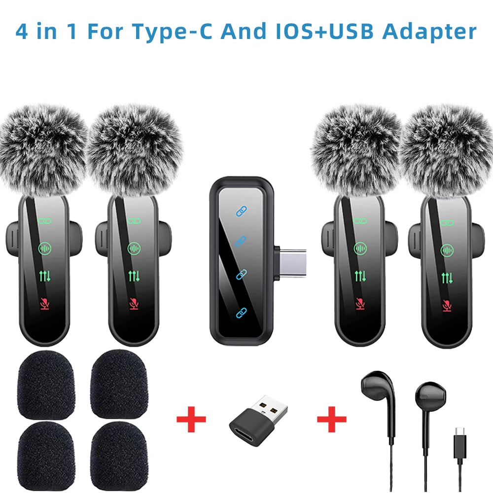Pink 1 in 4 Lavalier Microphone Noise Cancelling Wireless With Wind Muff Lapel Mic For iPhone Android Camera 4 Pack LED Display