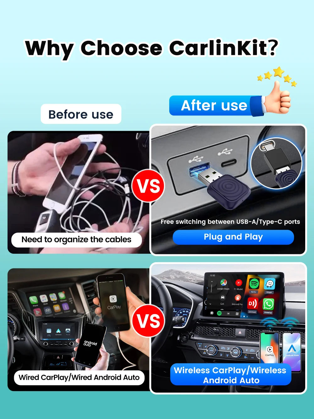CarlinKit 5.0 Mini Ultra CarPlay Wireless Adapter 2 In 1 Wifi 5.8G Android Auto Wireless Dongle for Spotify Music OEM Car