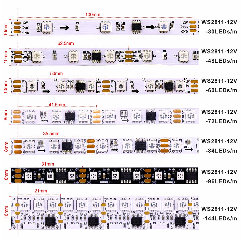 WS2811 WS2812B WS2815 WS2813 RGB IC LED Strip Lights 30/60/144 pixels per meter individually addressable smart lights DC5V/12V