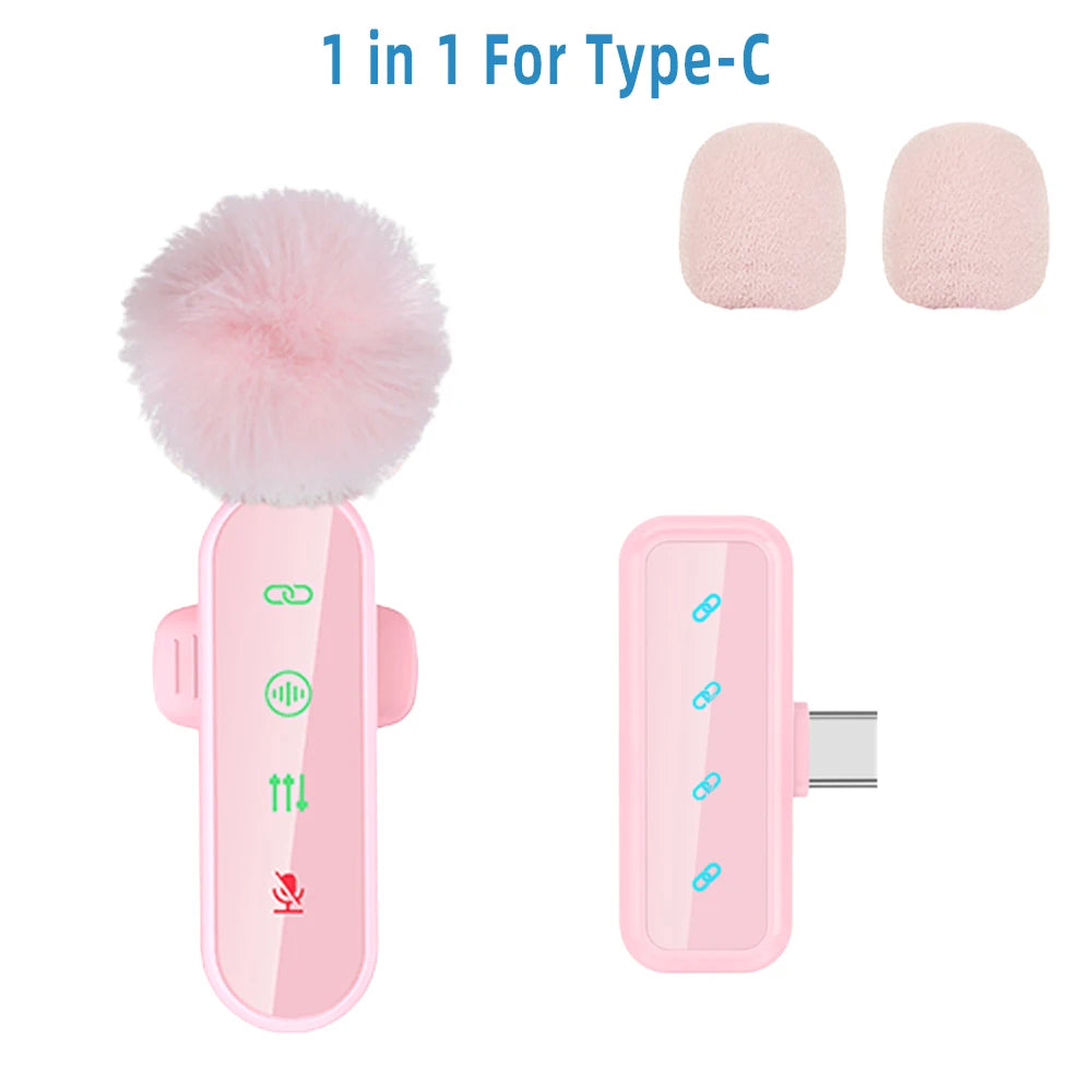 Pink 1 in 4 Lavalier Microphone Noise Cancelling Wireless With Wind Muff Lapel Mic For iPhone Android Camera 4 Pack LED Display