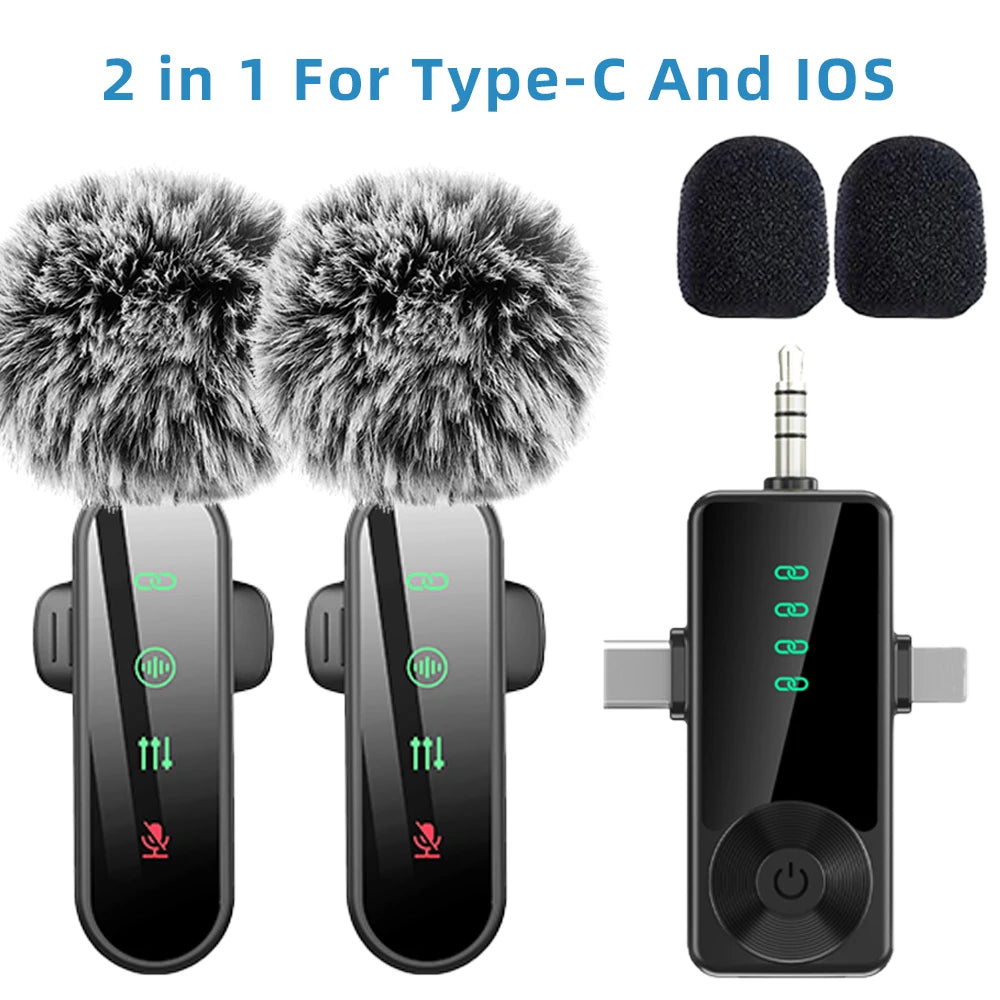 Pink 1 in 4 Lavalier Microphone Noise Cancelling Wireless With Wind Muff Lapel Mic For iPhone Android Camera 4 Pack LED Display