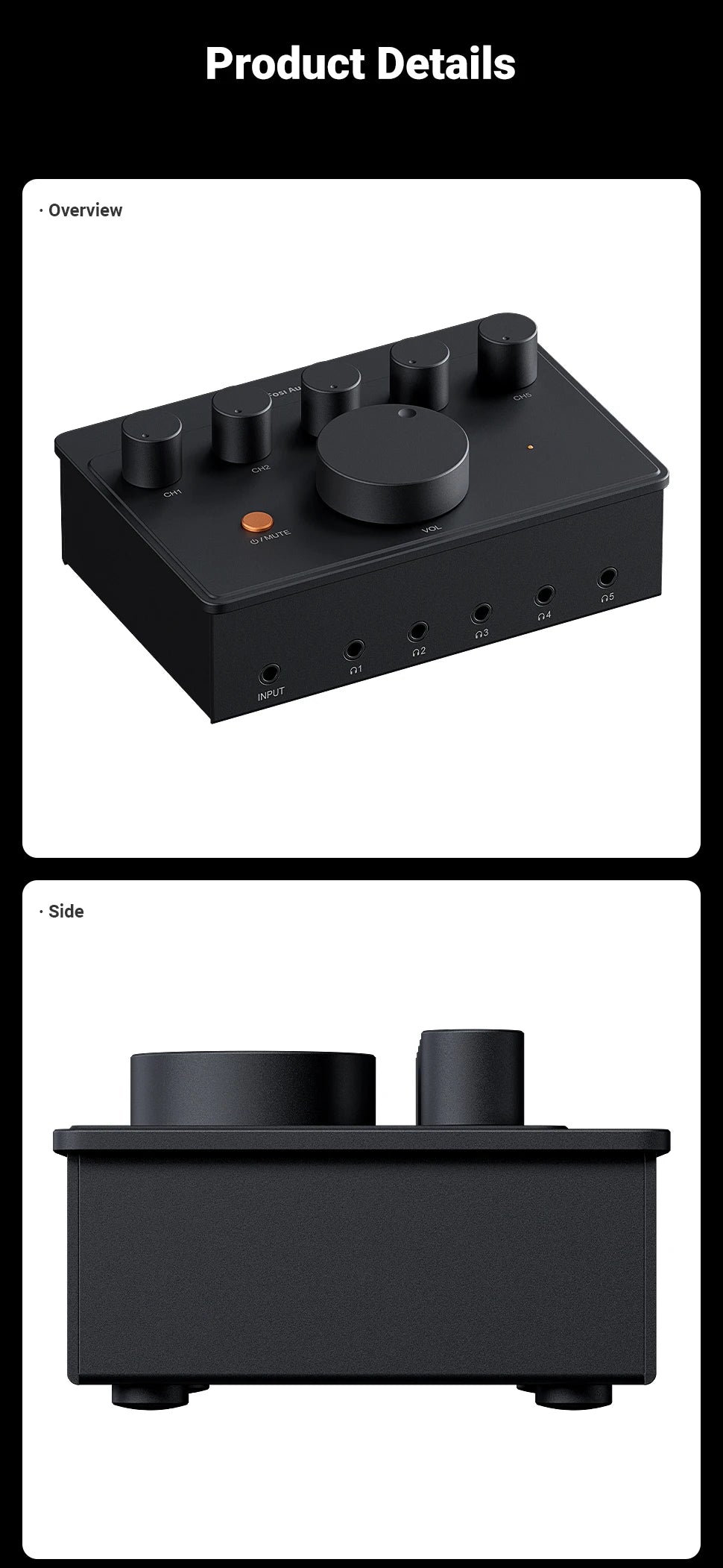 Fosi Audio PH05 5 Channel Headphone Amplifier, Mini Desktop Amp with Audio Interface Podcast Monitor Supports 16-300 Ω with 12V