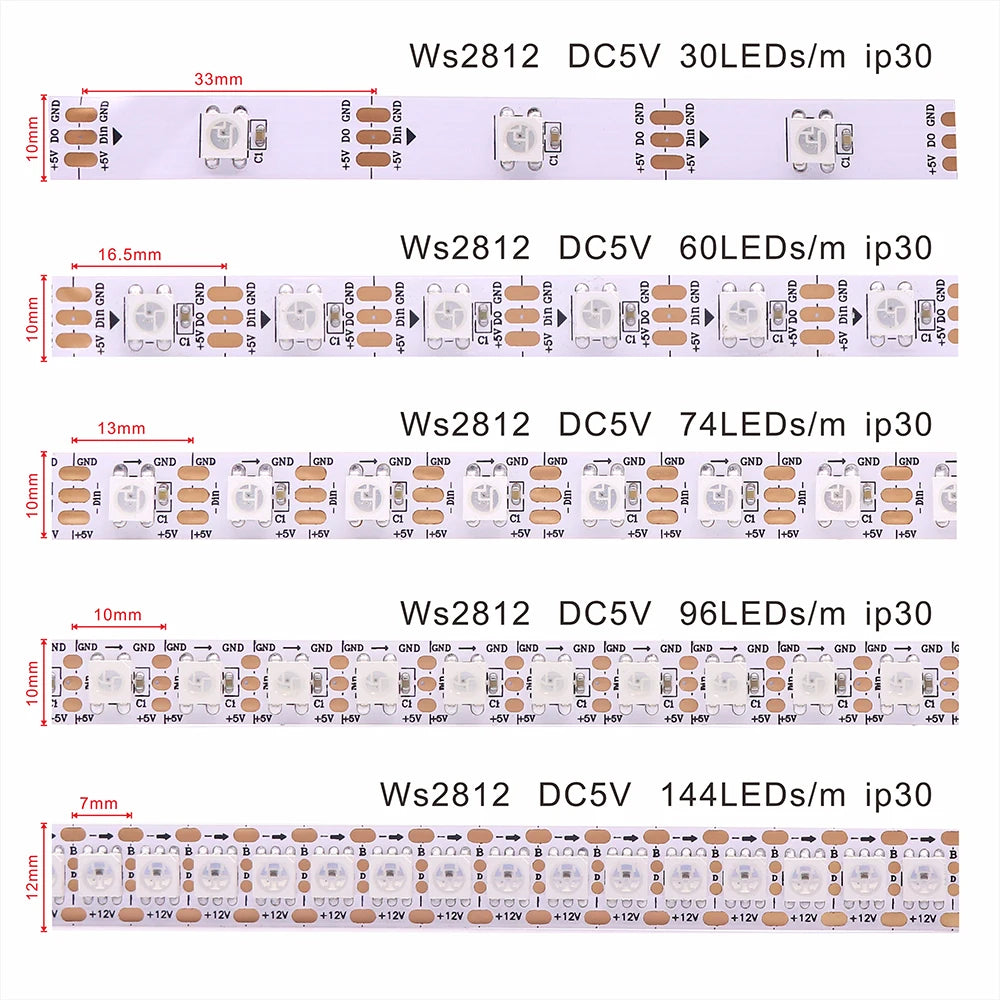 WS2812B WS2811 WS2815 WS2813 RGBIC LED Strip Lights 30/60/144 pixels per meter individually addressable smart  lights DC5V/12V