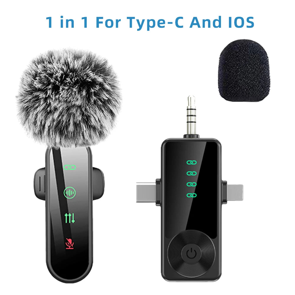 Pink 1 in 4 Lavalier Microphone Noise Cancelling Wireless With Wind Muff Lapel Mic For iPhone Android Camera 4 Pack LED Display